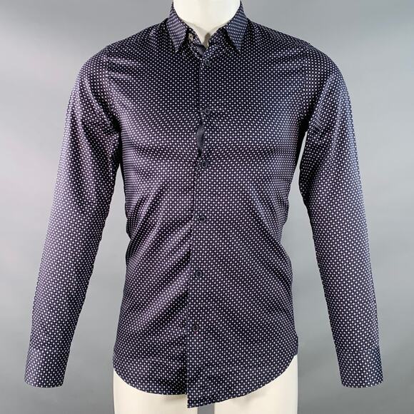 TED BAKER Size XS Merci Navy Grey Squares Cotton Spread Collar Long Sleeve Shirt - Picture 1 of 6